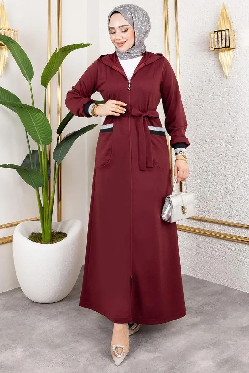 Kapüşonlu Ribanalı Ferace Bordo-detail