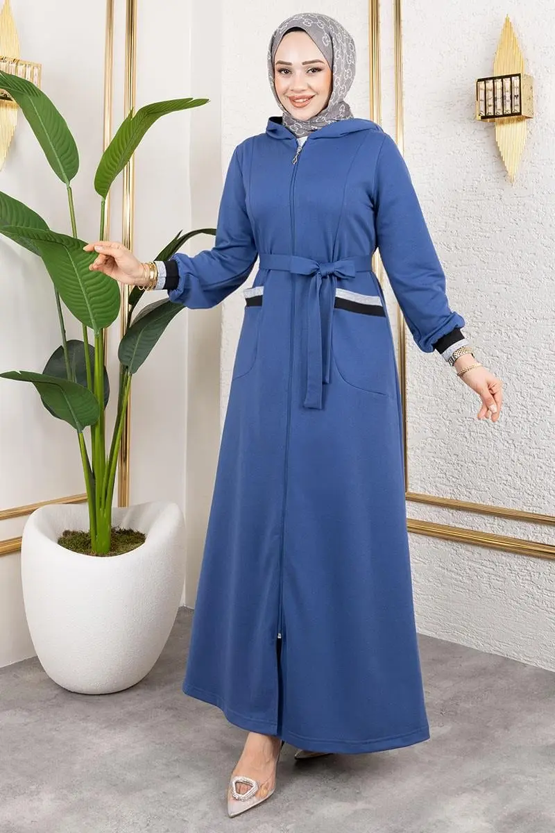 Kapüşonlu Ribanalı Ferace Indigo-detail