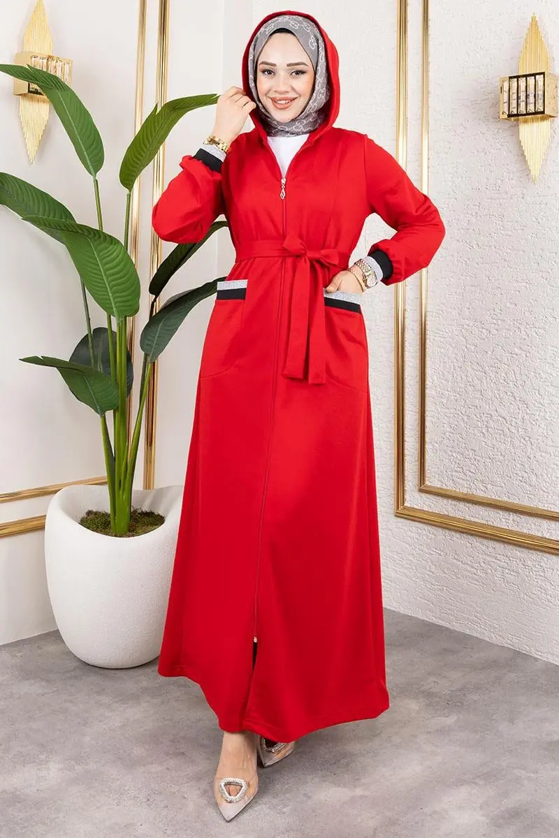 Kapüşonlu Ribanalı Ferace Kırmızı-detail