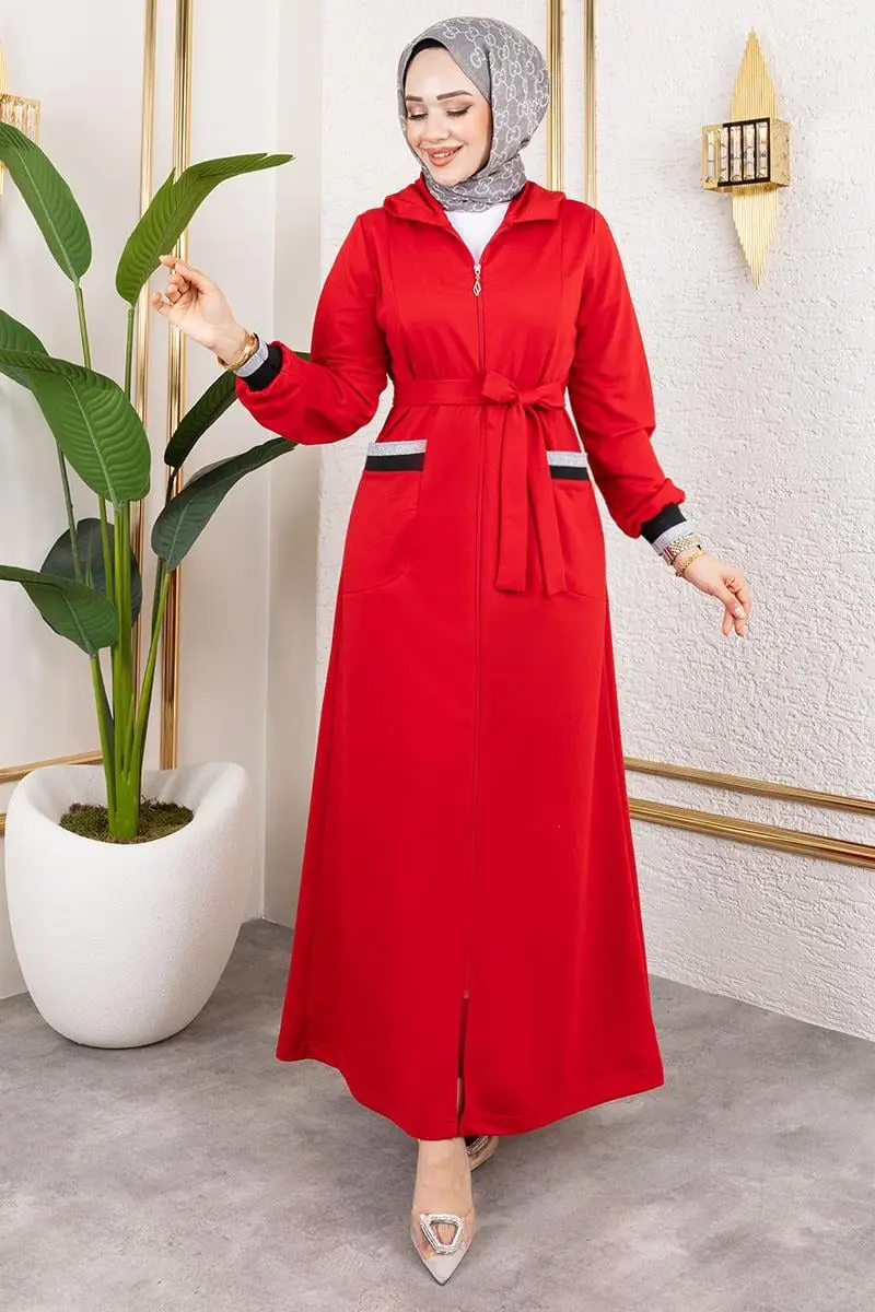 Kapüşonlu Ribanalı Ferace Kırmızı-detail