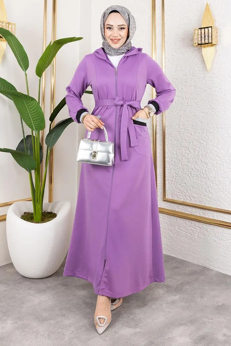 Kapüşonlu Ribanalı Ferace Lila-detail