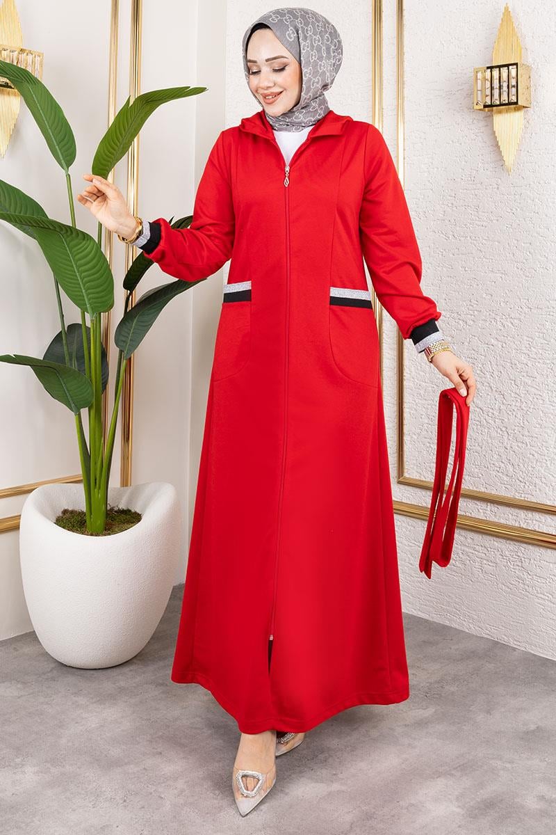 Kapüşonlu Ribanalı Ferace Kırmızı