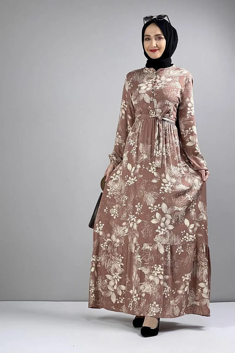 Belted Patterned Hijab Dress-detail