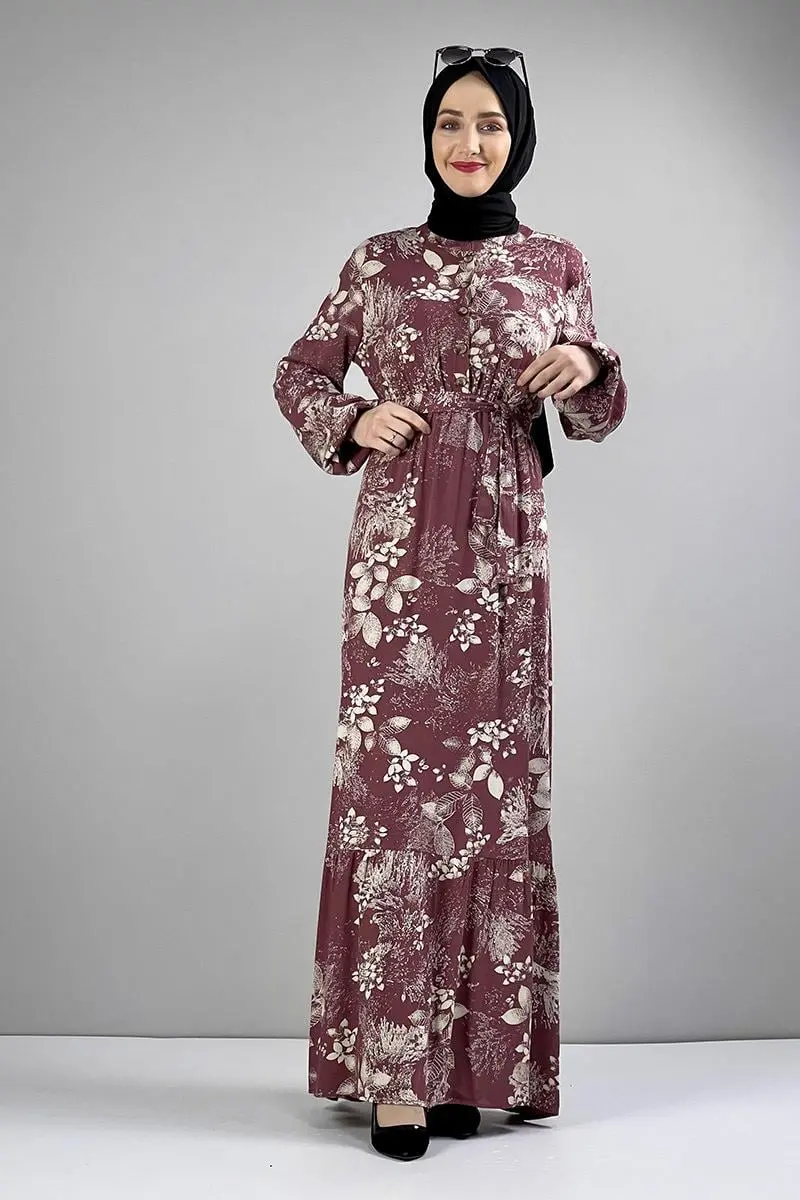 Belted Patterned Hijab Dress-detail