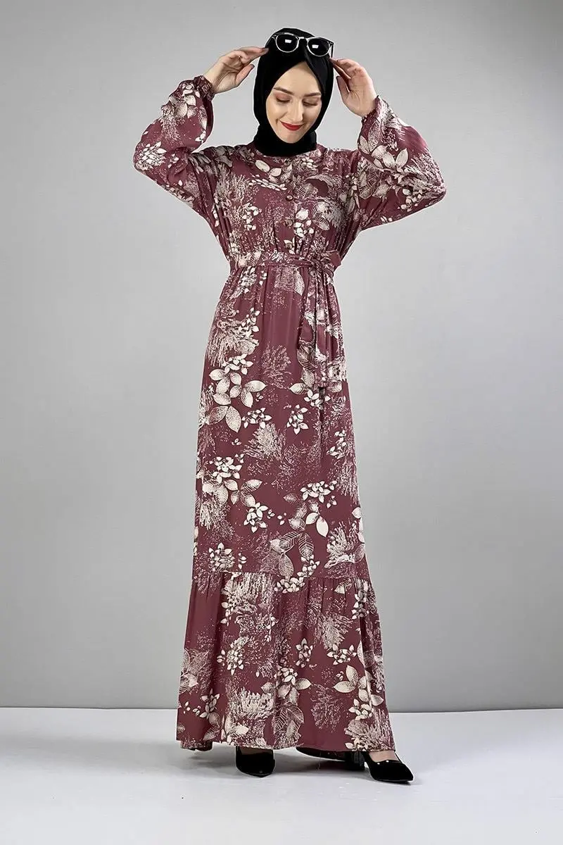 Belted Patterned Hijab Dress-detail