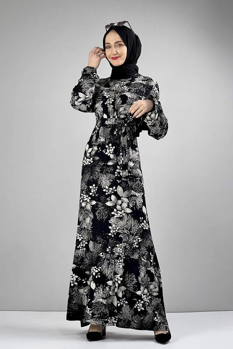 Belted Patterned Hijab Dress-detail