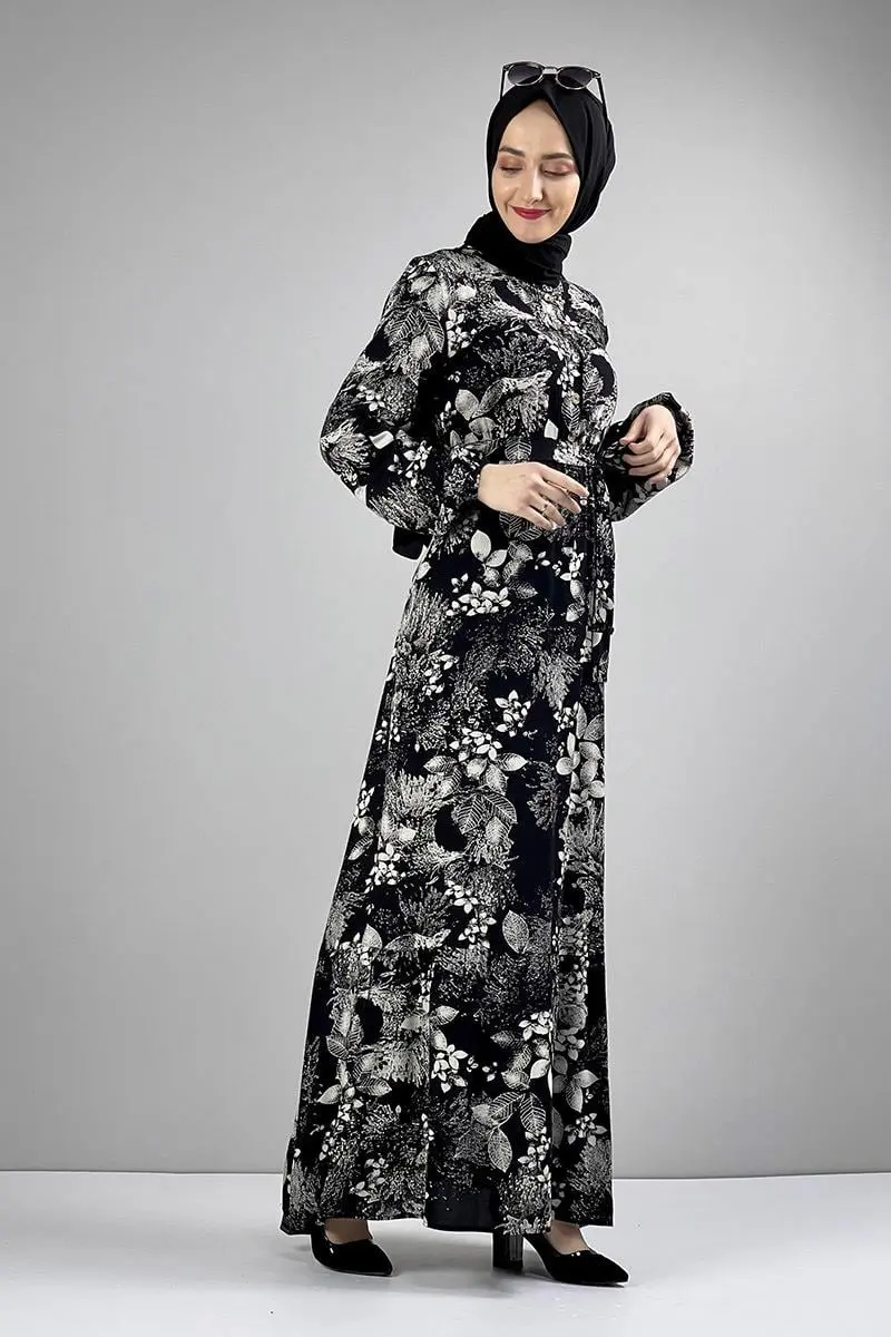 Belted Patterned Hijab Dress-detail