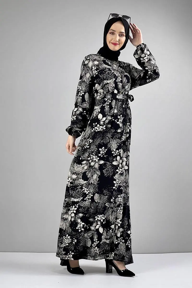 Belted Patterned Hijab Dress-detail