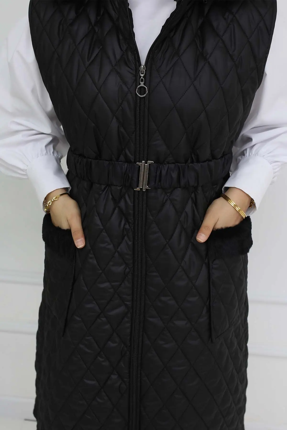 Belted Hooded Quilted Puffer Vest Black-detail