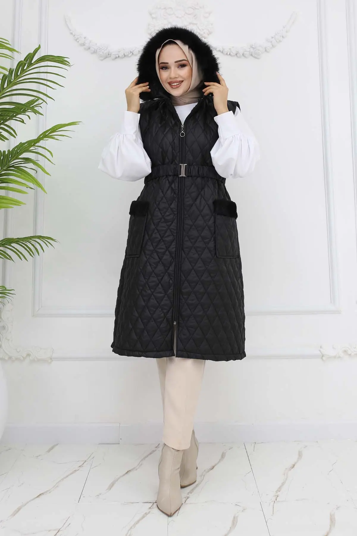 Belted Hooded Quilted Puffer Vest Black-detail