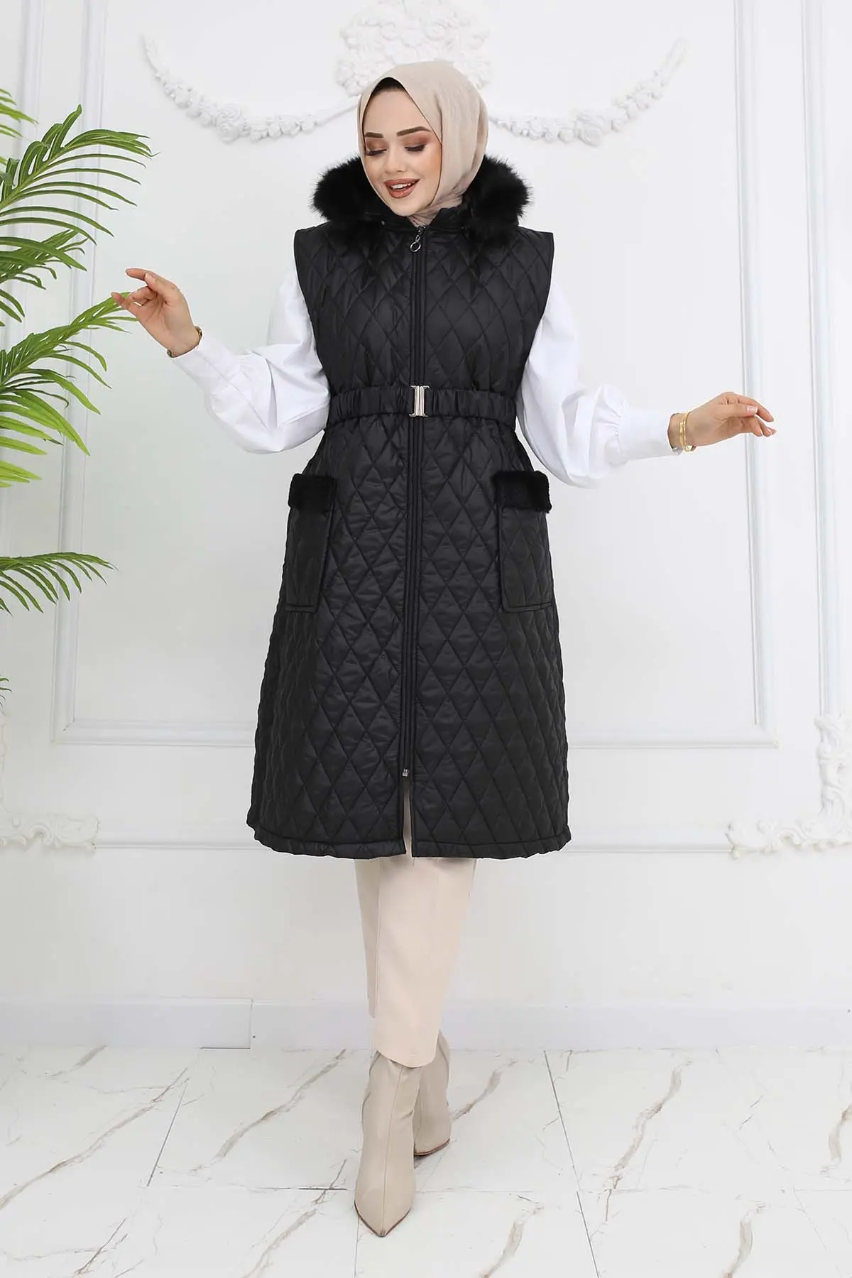 Belted Hooded Quilted Puffer Vest Black-detail
