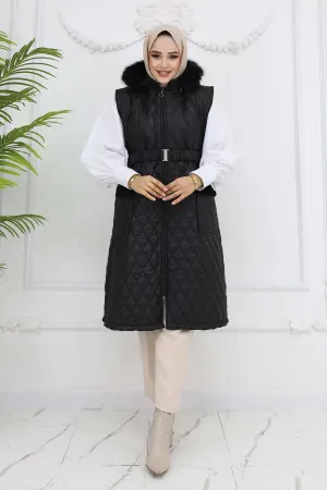 Belted Hooded Quilted Puffer Vest Black