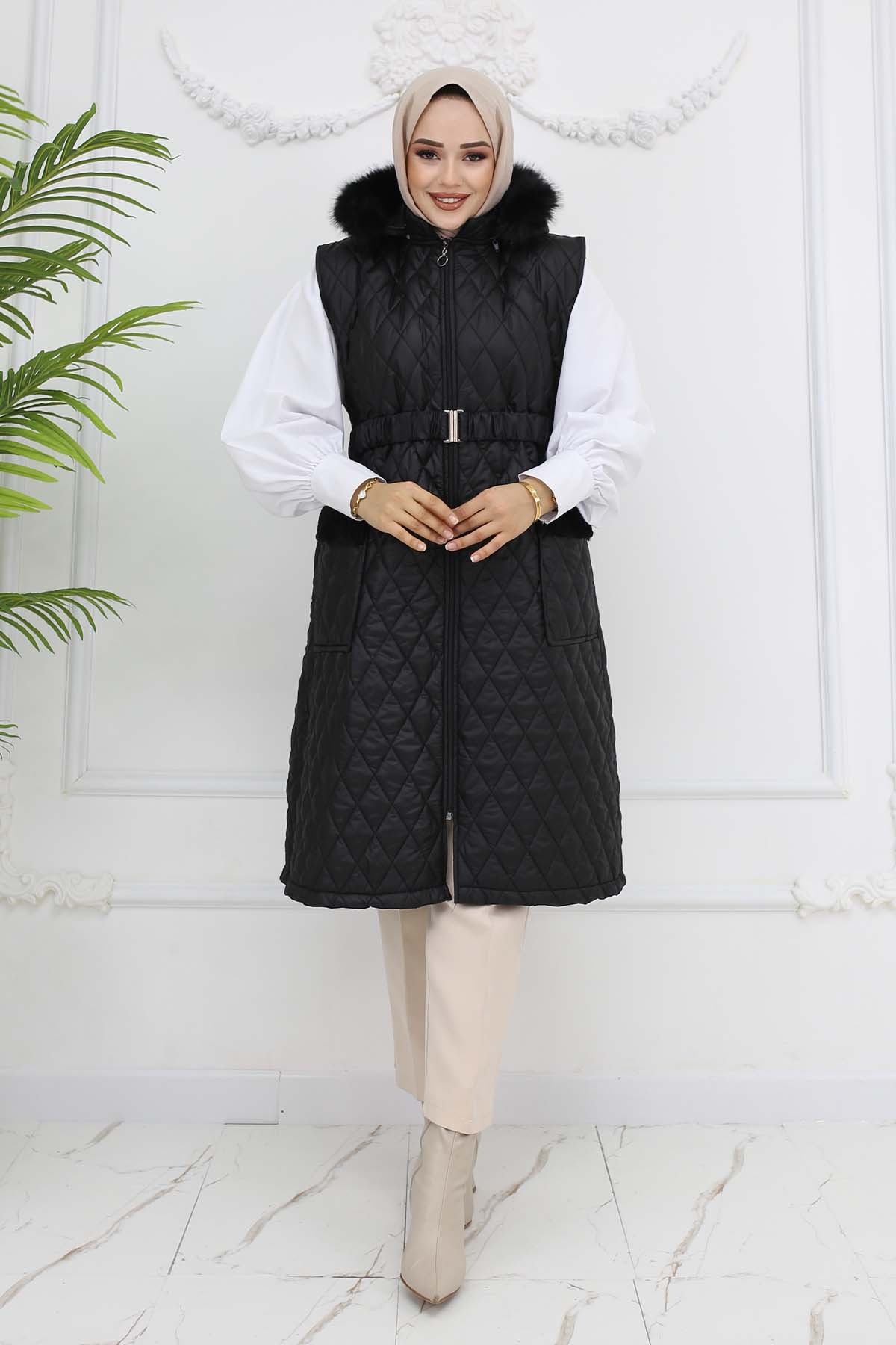 Belted Hooded Quilted Puffer Vest Black