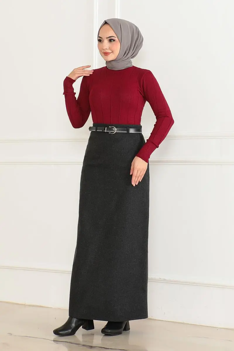 Kemerli Kaşe Kalem Etek Antrasit-detail