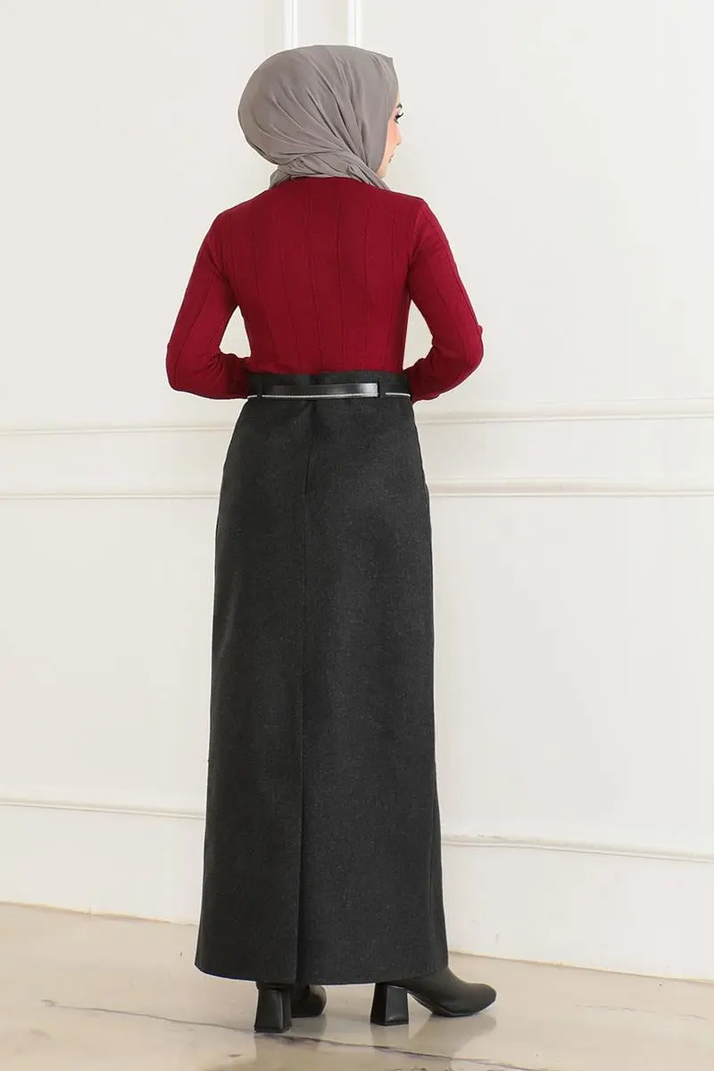 Kemerli Kaşe Kalem Etek Antrasit-detail