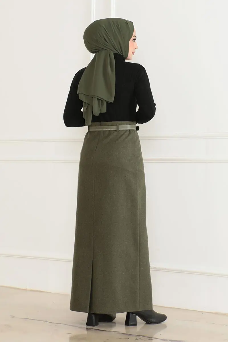 Kemerli Kaşe Kalem Etek Haki-detail