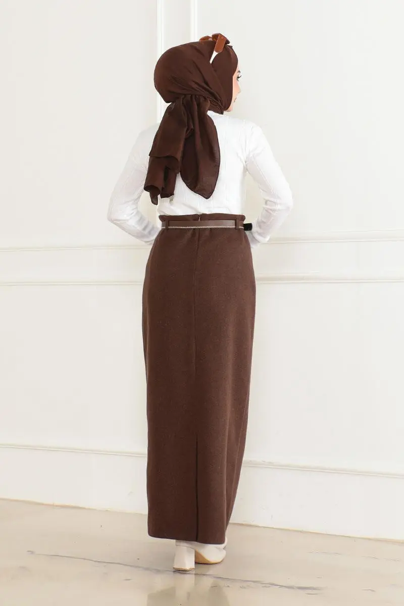 Kemerli Kaşe Kalem Etek Kahverengi-detail