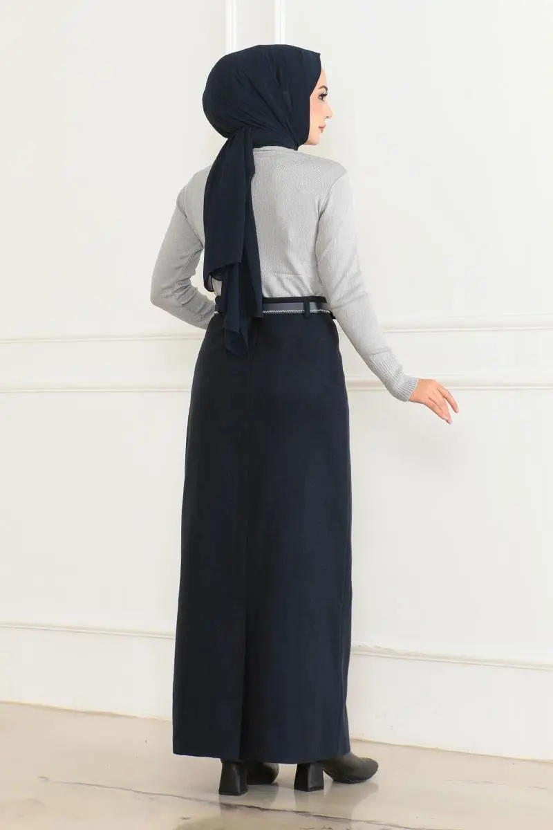 Kemerli Kaşe Kalem Etek Lacivert-detail