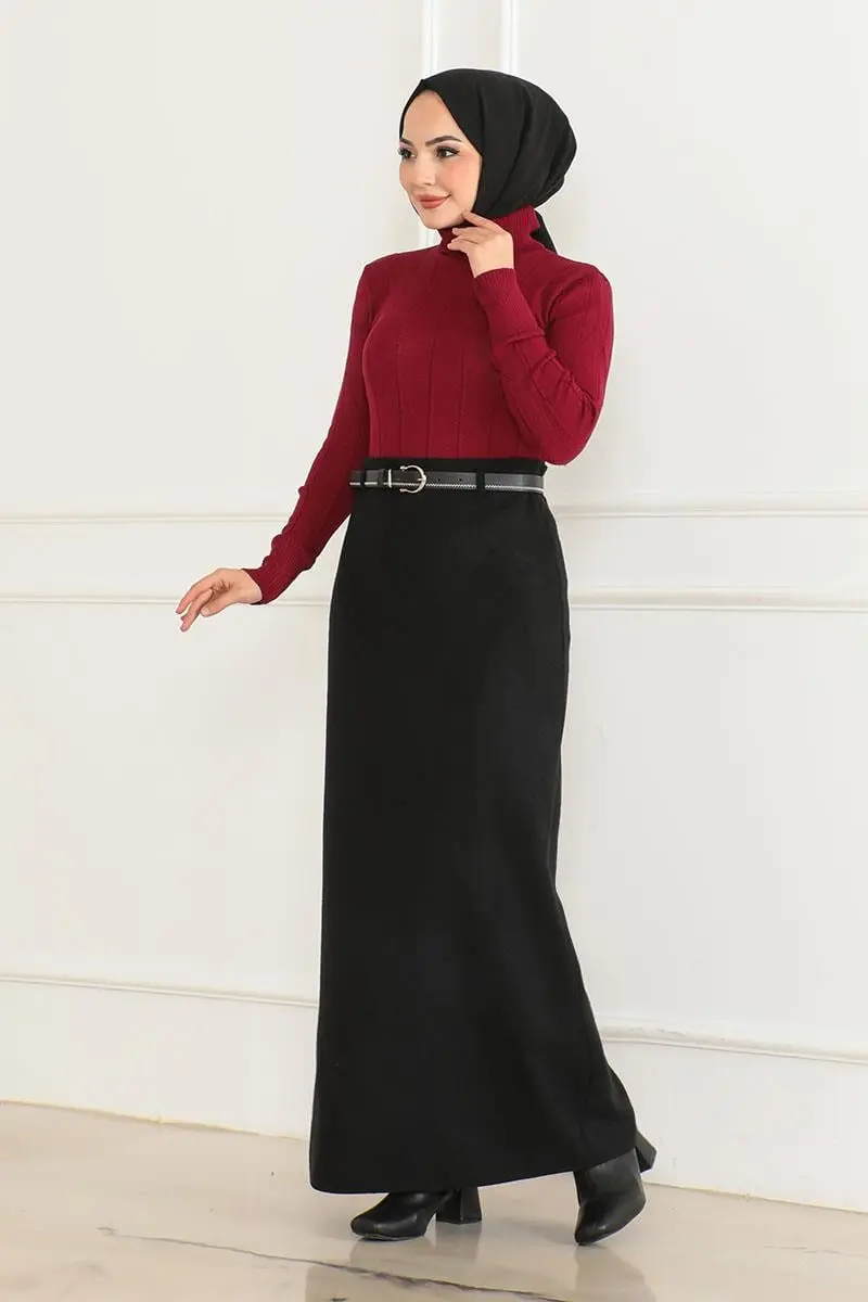 Kemerli Kaşe Kalem Etek Siyah-detail