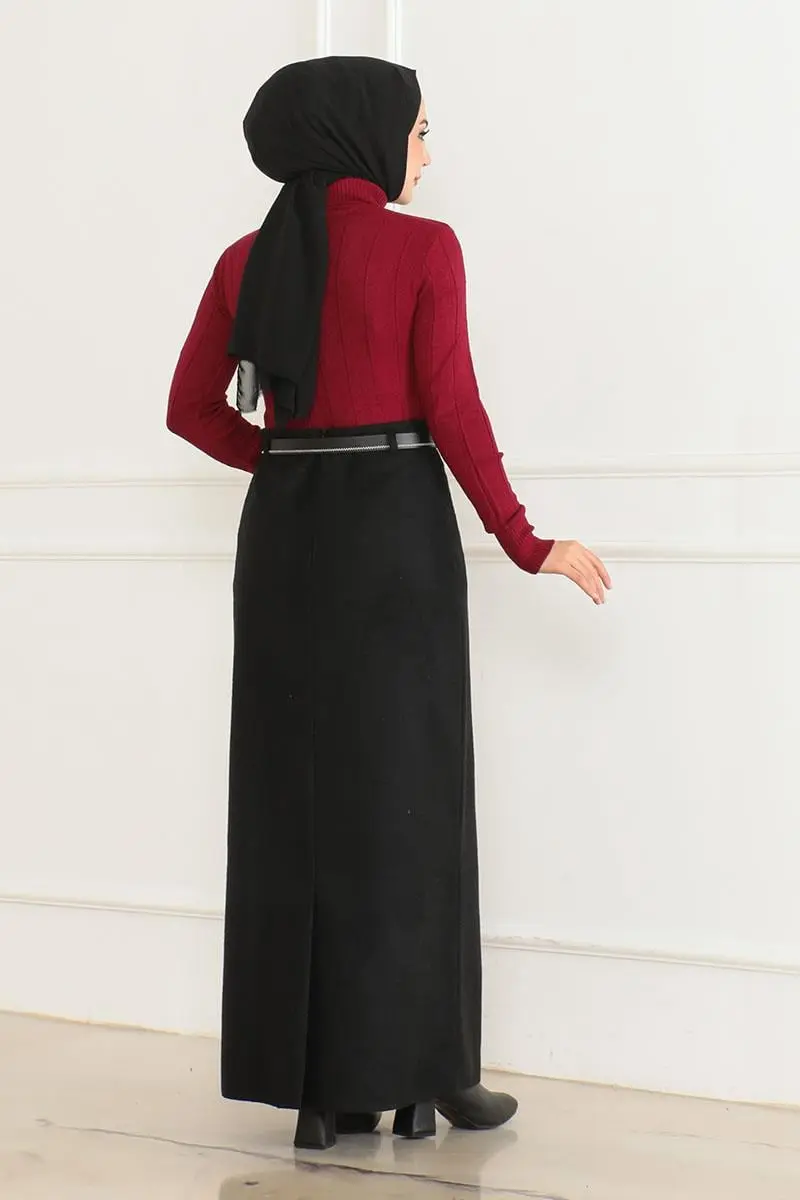 Kemerli Kaşe Kalem Etek Siyah-detail