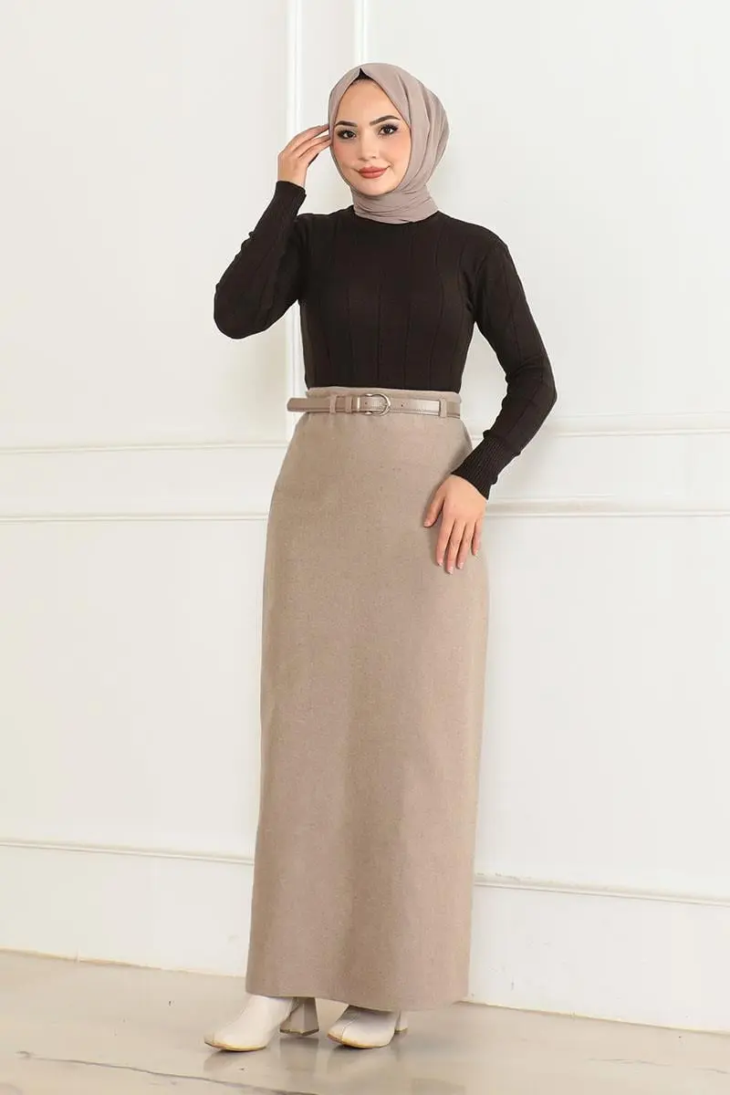 Kemerli Kaşe Kalem Etek Vizon-detail