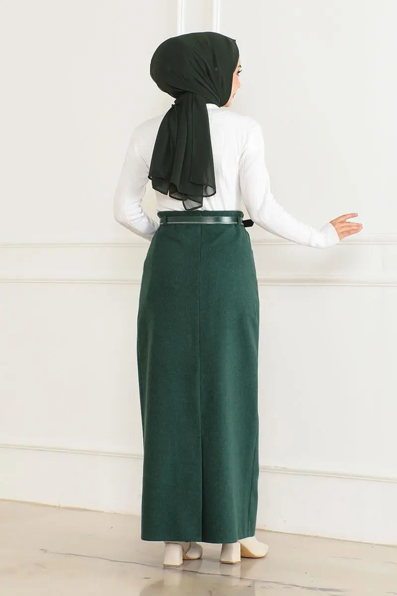 Kemerli Kaşe Kalem Etek Zümrüt Yeşili-detail