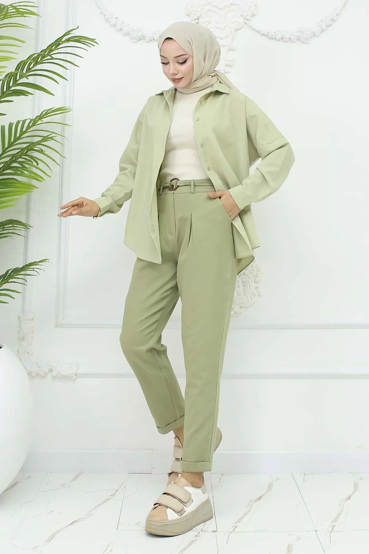 Kemerli Keten Pantolon-detail