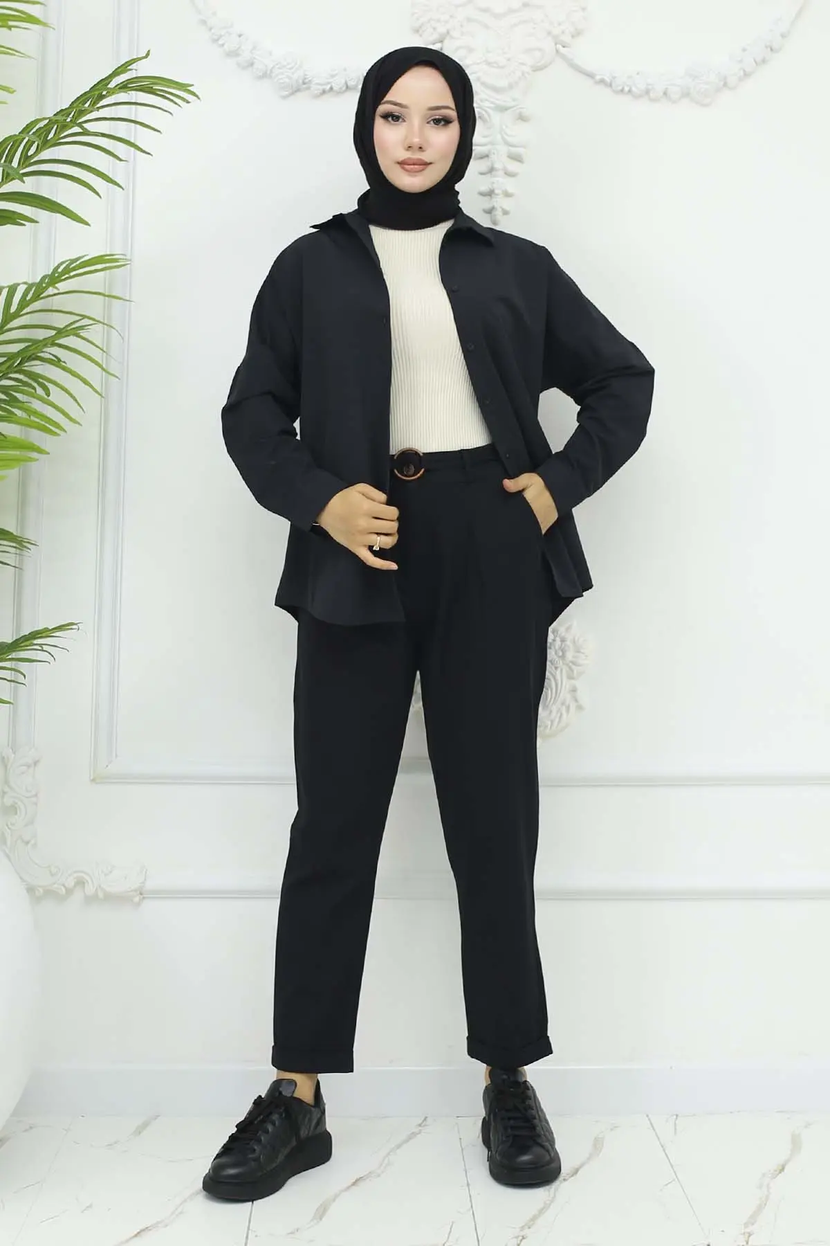 Kemerli Keten Pantolon-detail