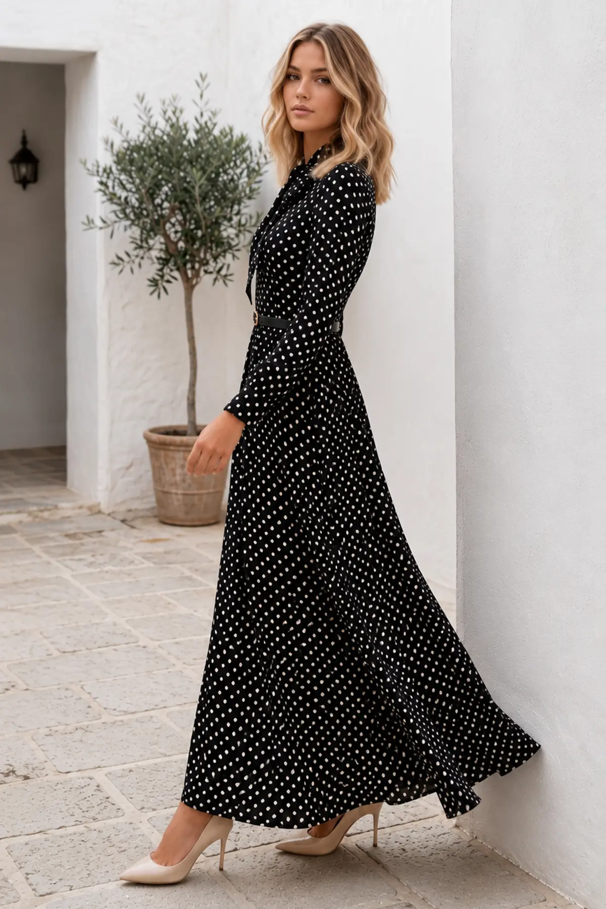 Belted Polka Dot Dress-detail