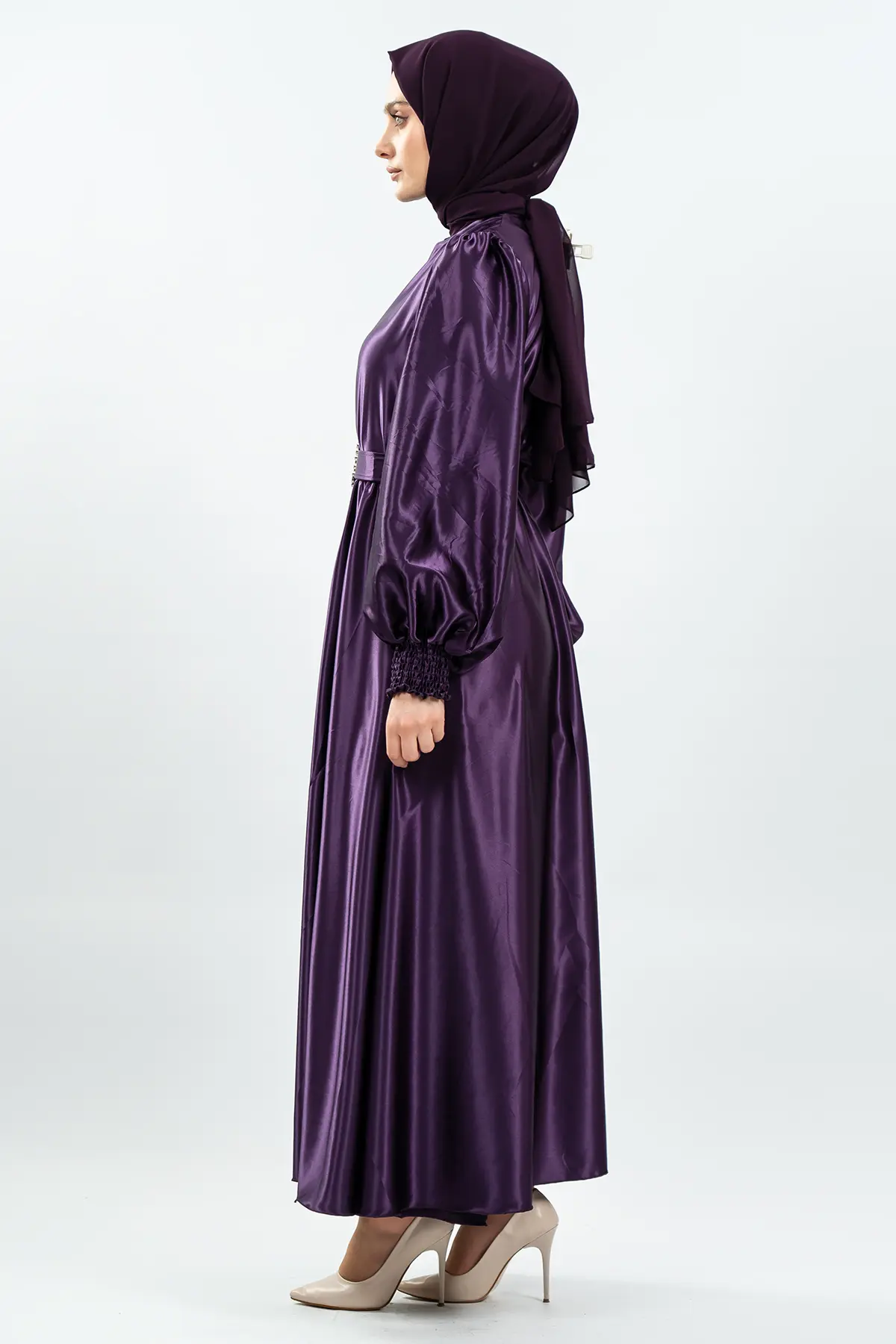 Kemerli Şifon Mor Tesettür Elbise-detail
