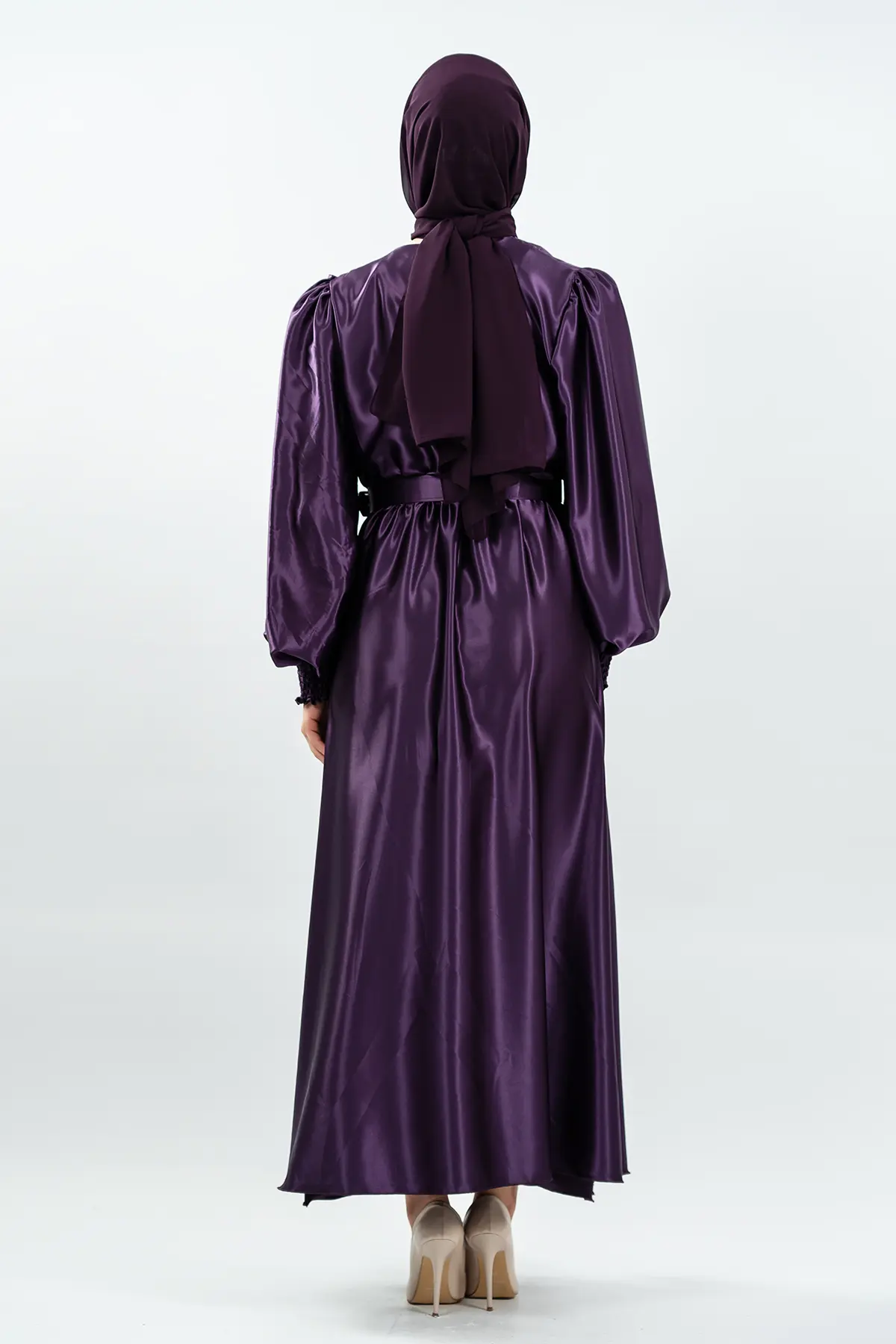 Kemerli Şifon Mor Tesettür Elbise-detail