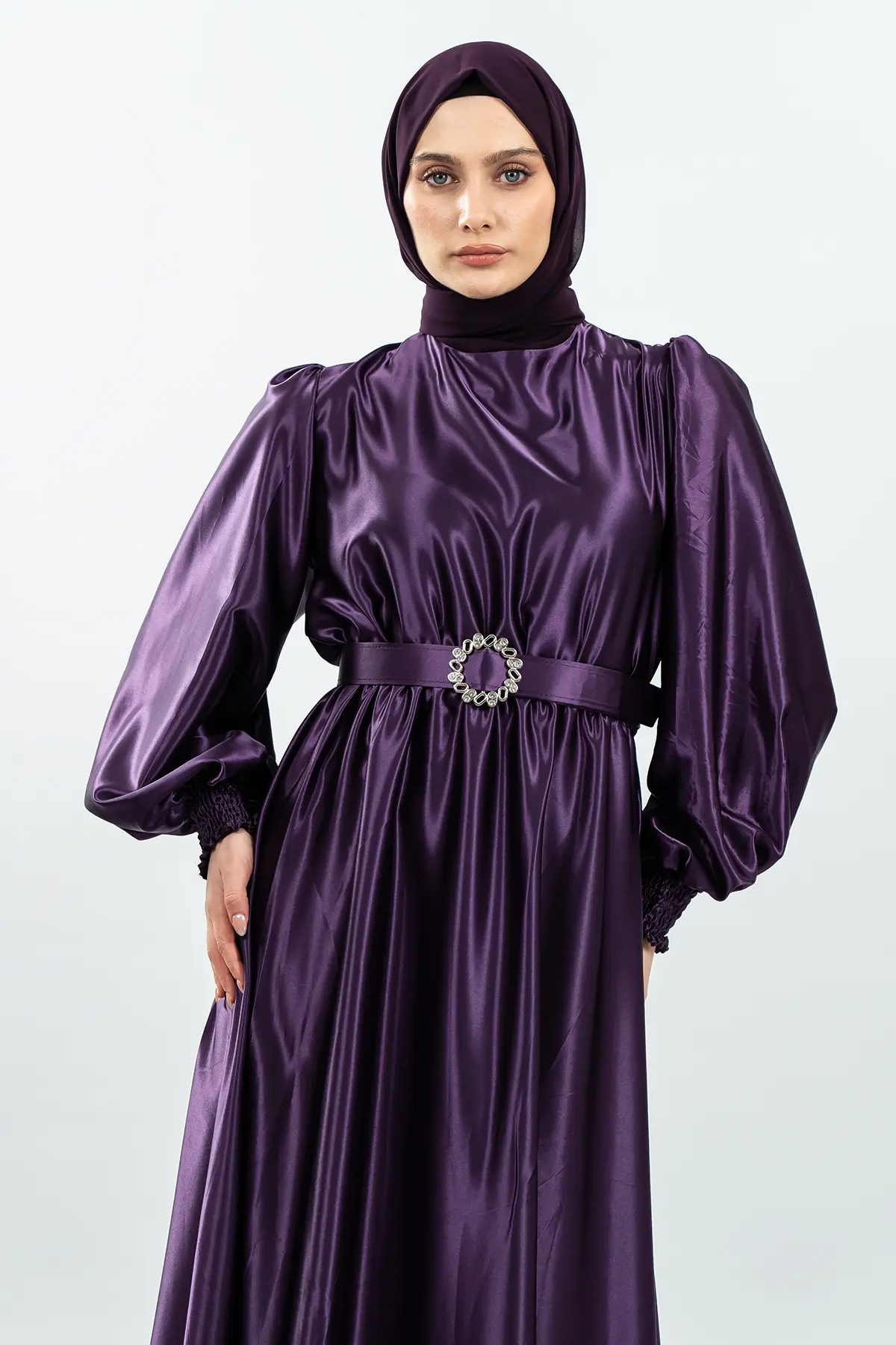 Kemerli Şifon Mor Tesettür Elbise-detail