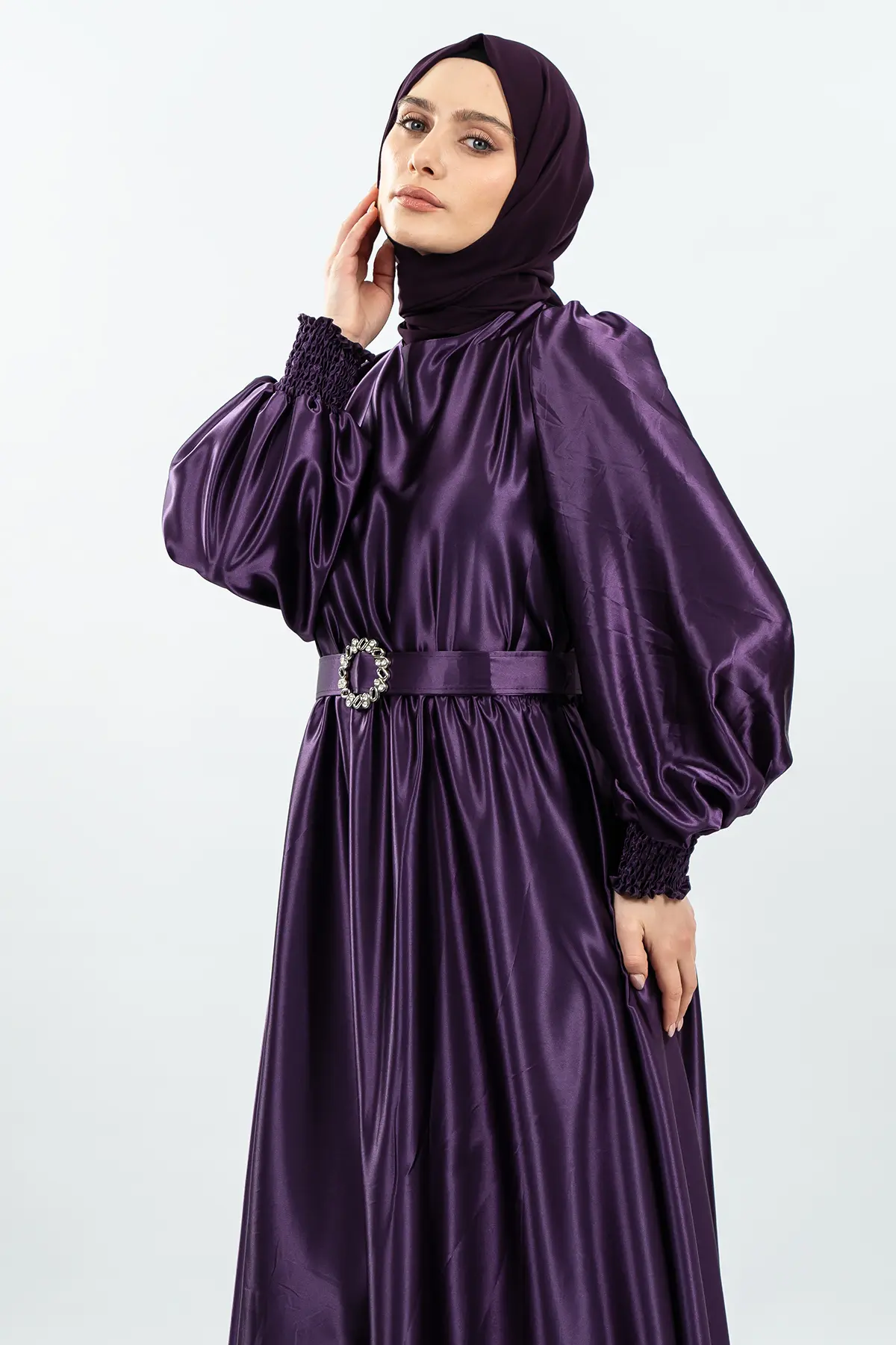 Kemerli Şifon Mor Tesettür Elbise-detail
