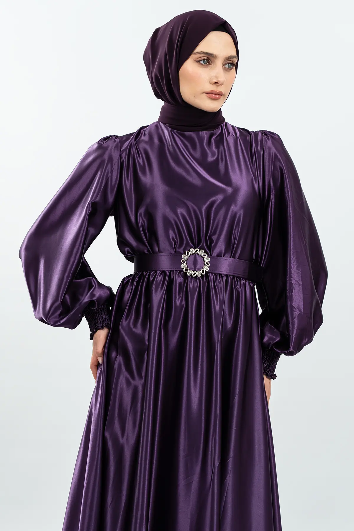 Kemerli Şifon Mor Tesettür Elbise-detail
