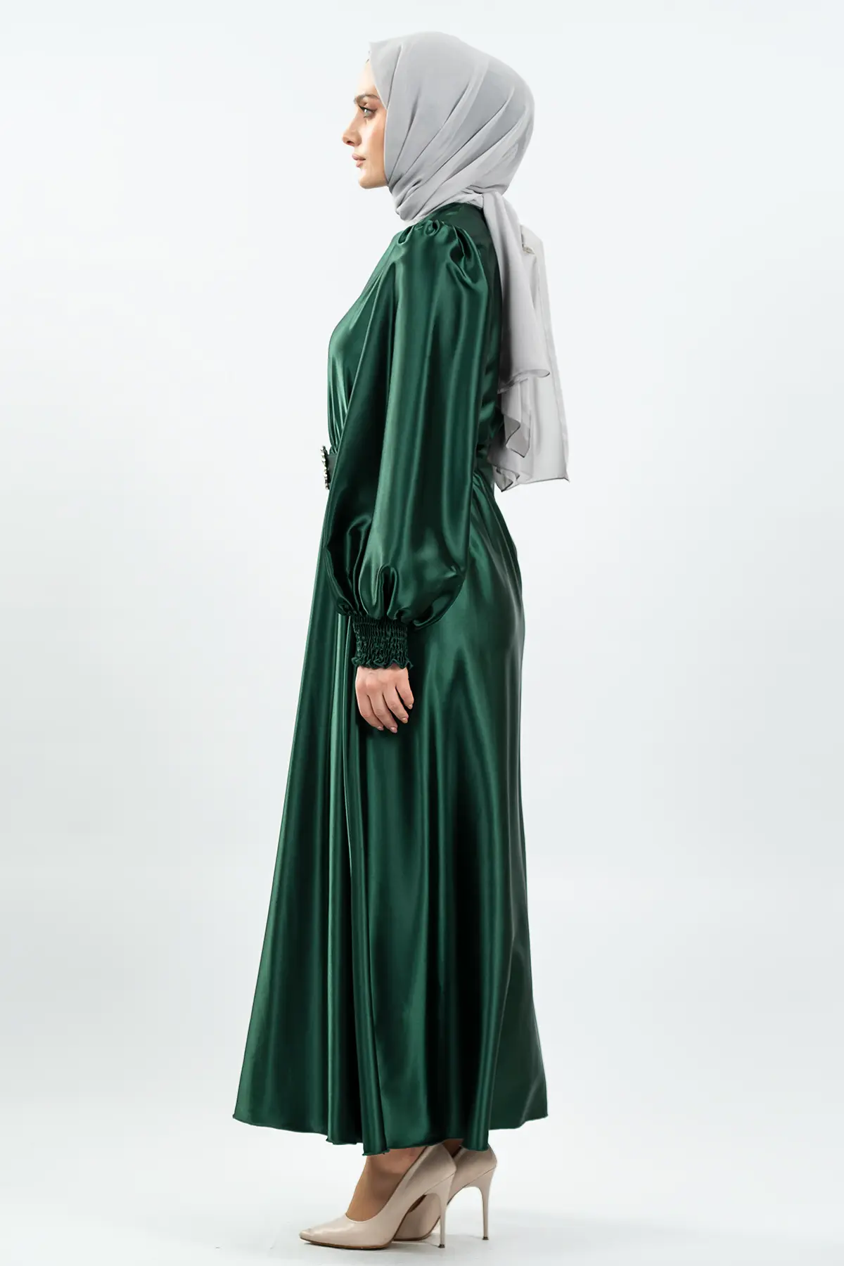 Kemerli Şifon Yeşil Tesettür Elbise-detail