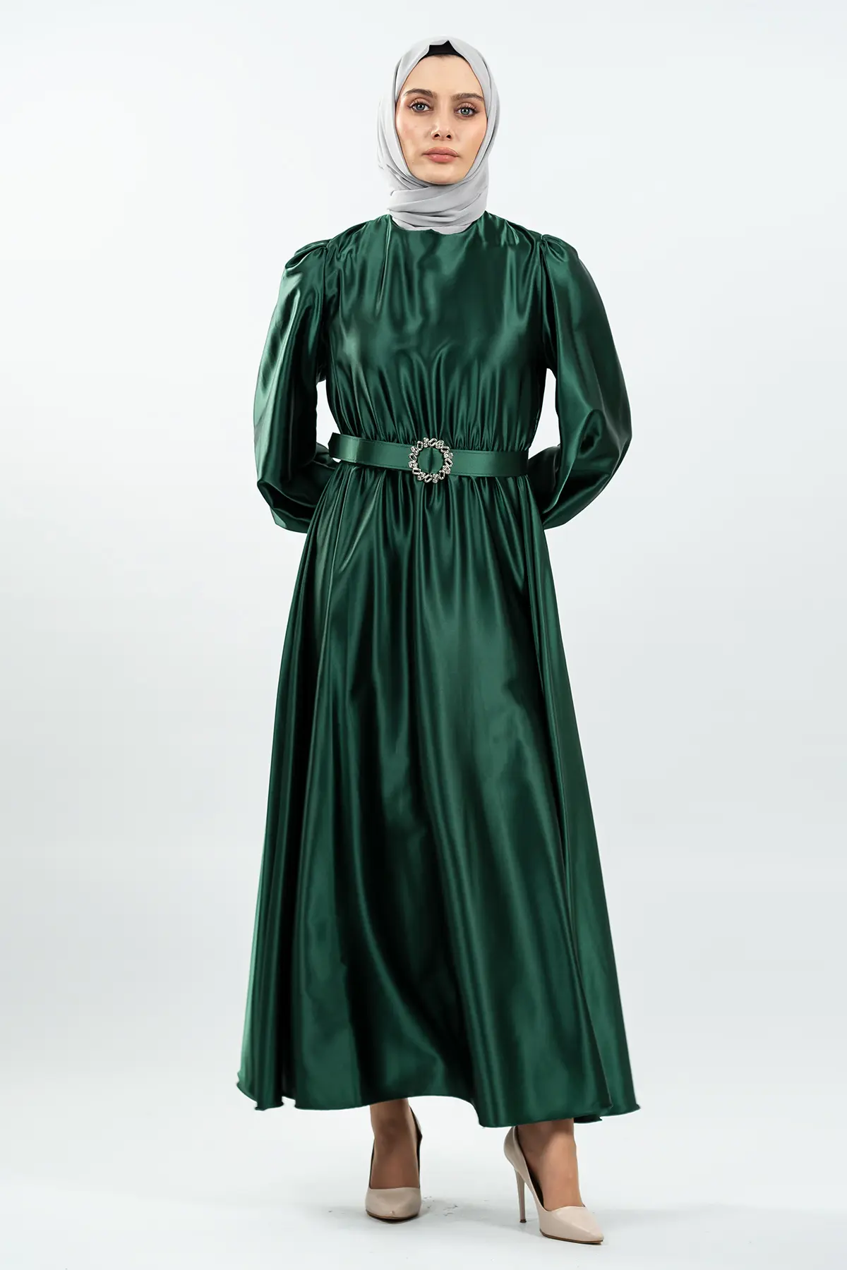 Kemerli Şifon Yeşil Tesettür Elbise-detail