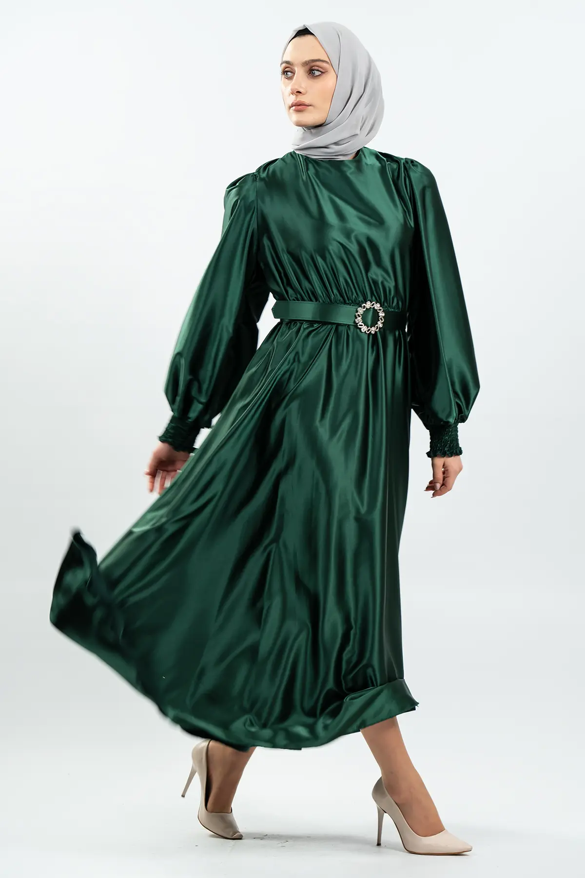 Kemerli Şifon Yeşil Tesettür Elbise-detail