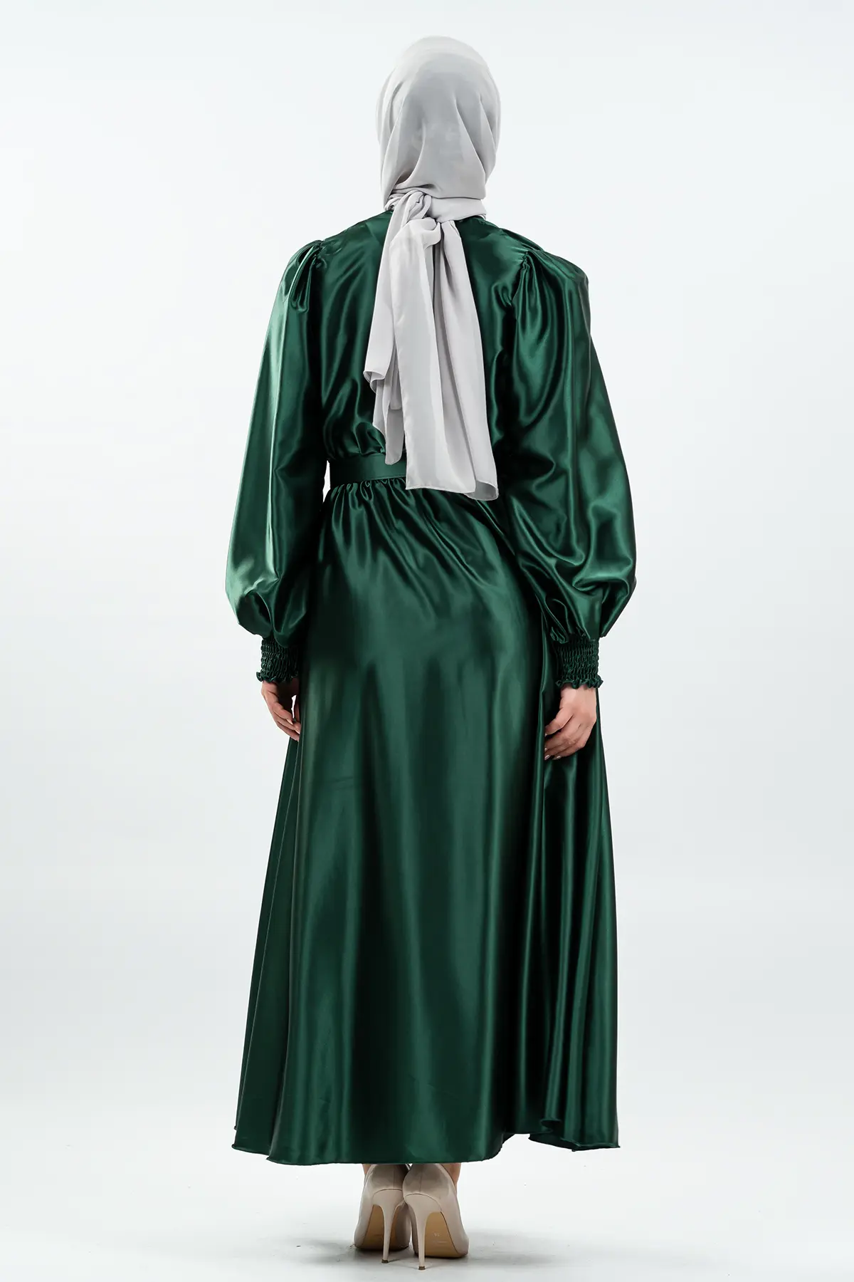 Kemerli Şifon Yeşil Tesettür Elbise-detail