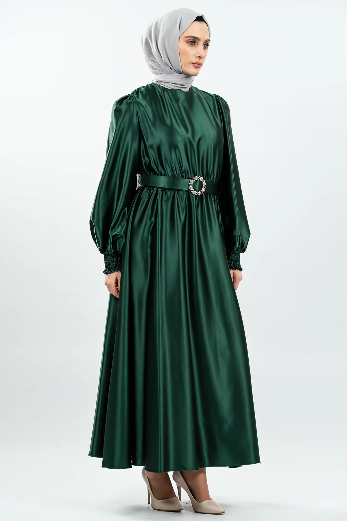 Kemerli Şifon Yeşil Tesettür Elbise-detail