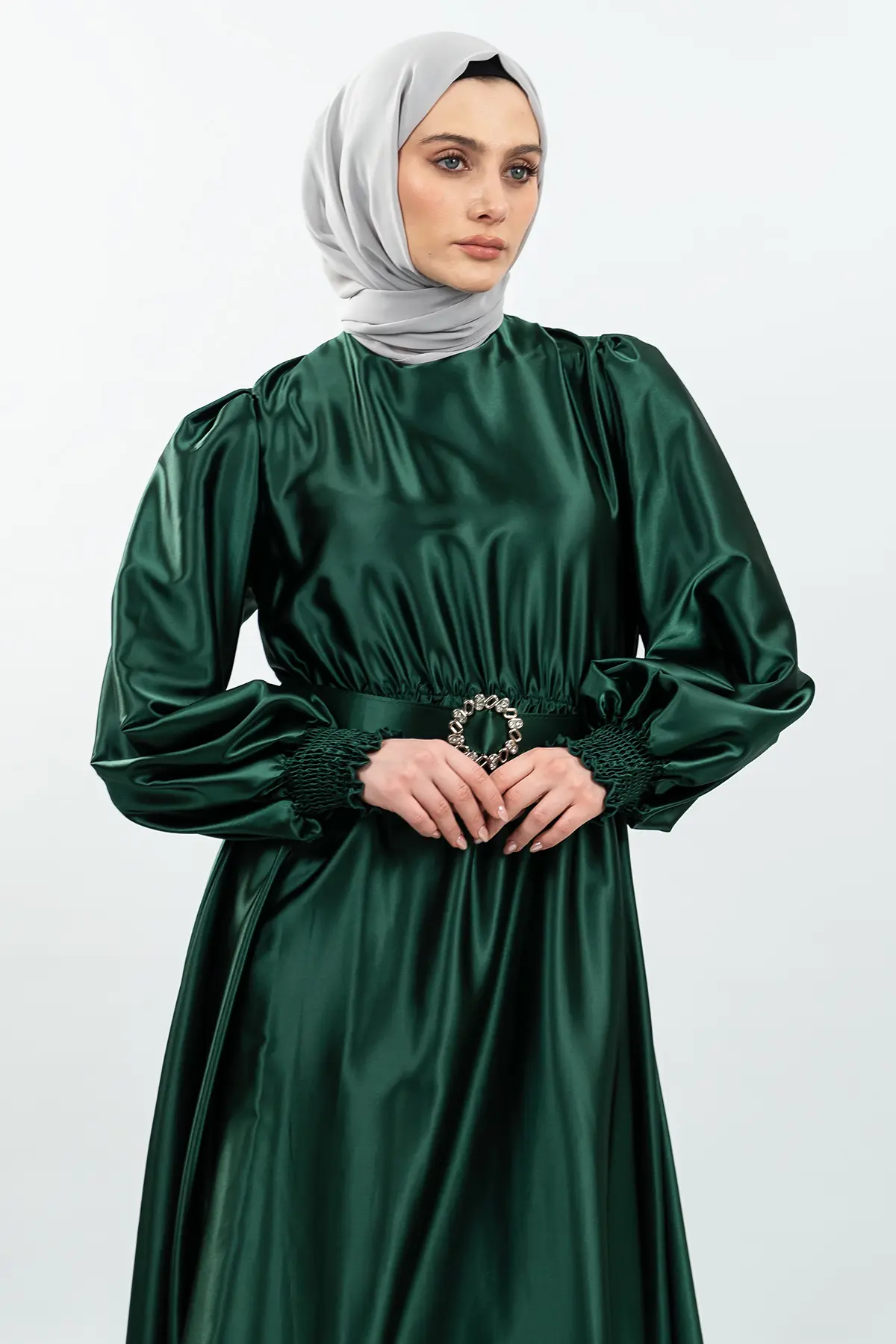 Kemerli Şifon Yeşil Tesettür Elbise-detail