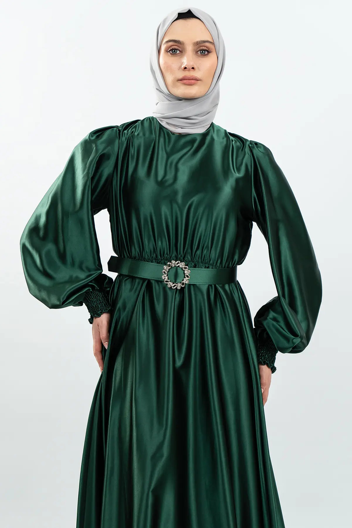 Kemerli Şifon Yeşil Tesettür Elbise-detail