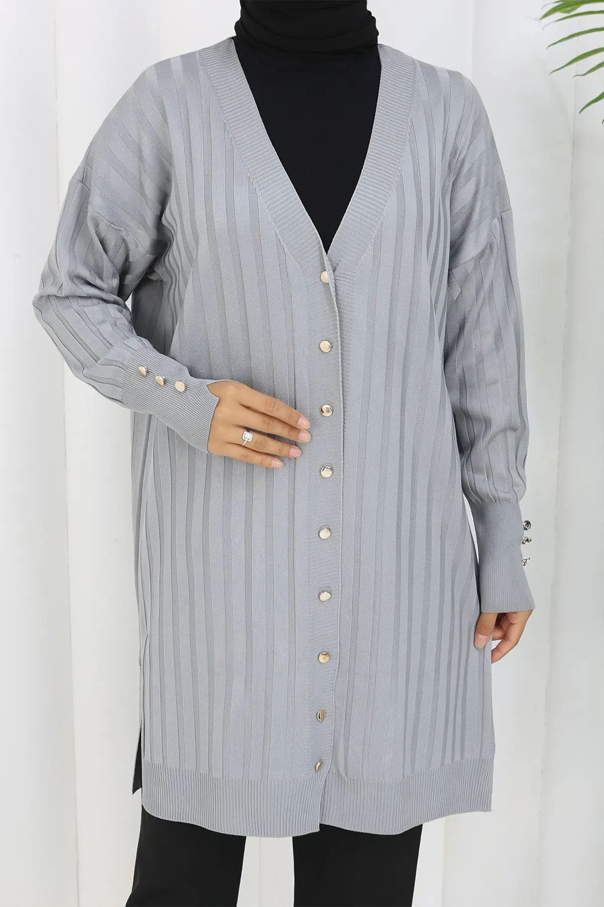 Kendinden Çizgili Uzun Merserize Hırka-detail