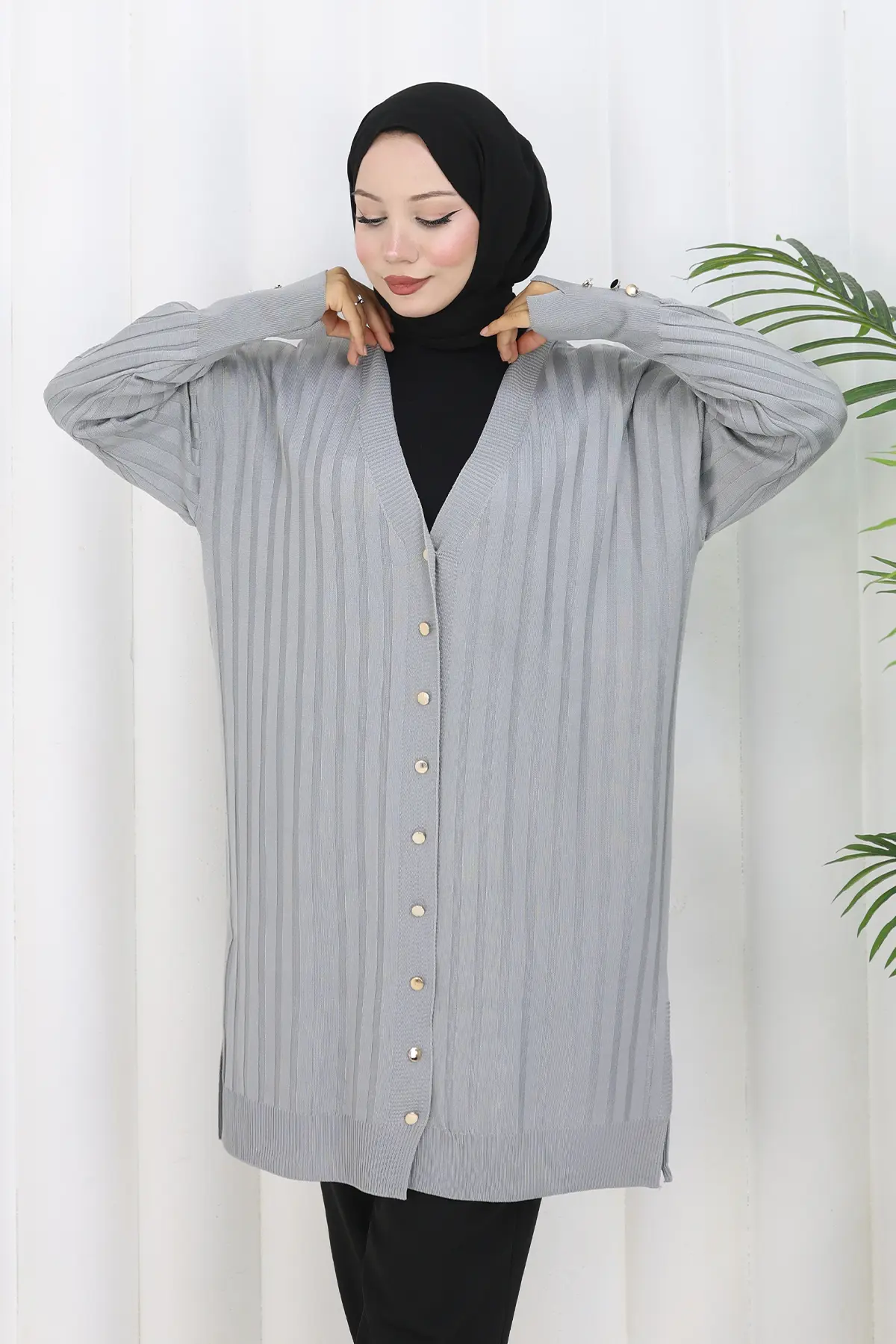 Kendinden Çizgili Uzun Merserize Hırka-detail