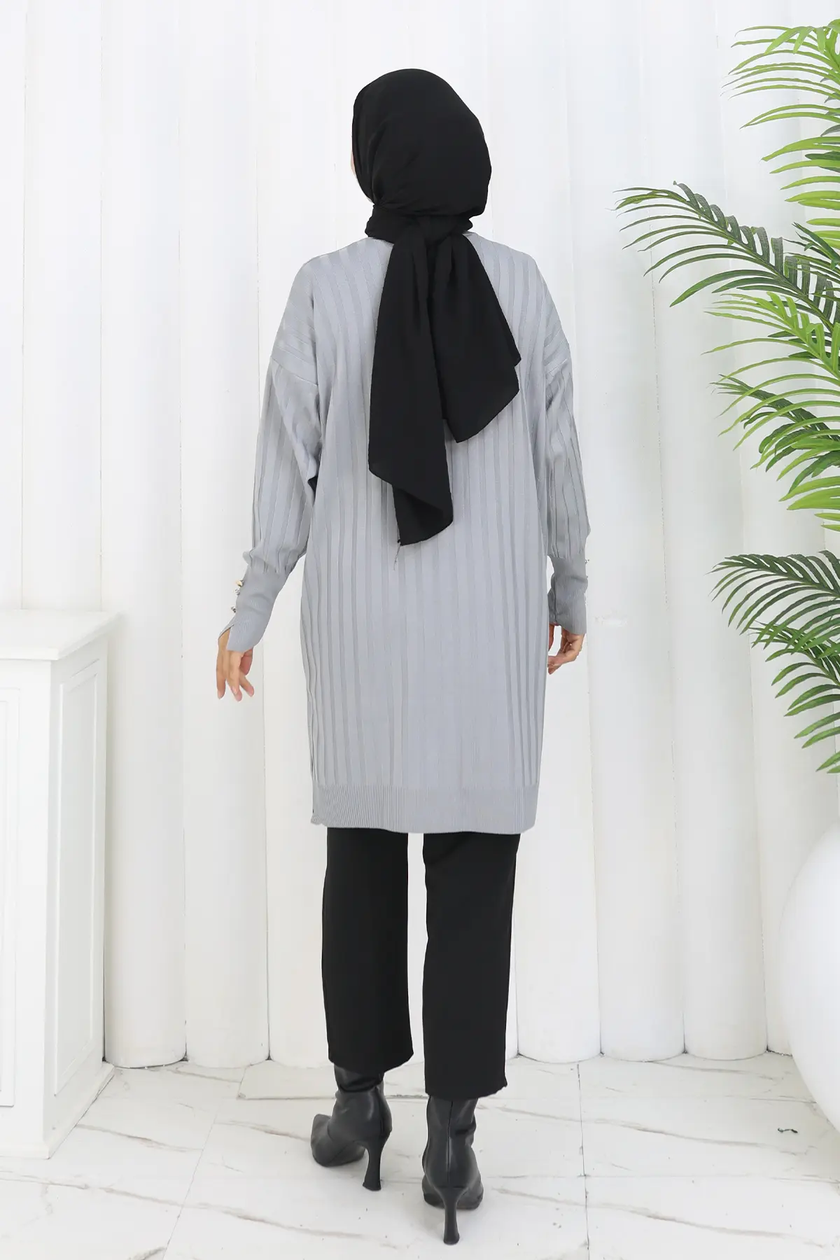 Kendinden Çizgili Uzun Merserize Hırka-detail