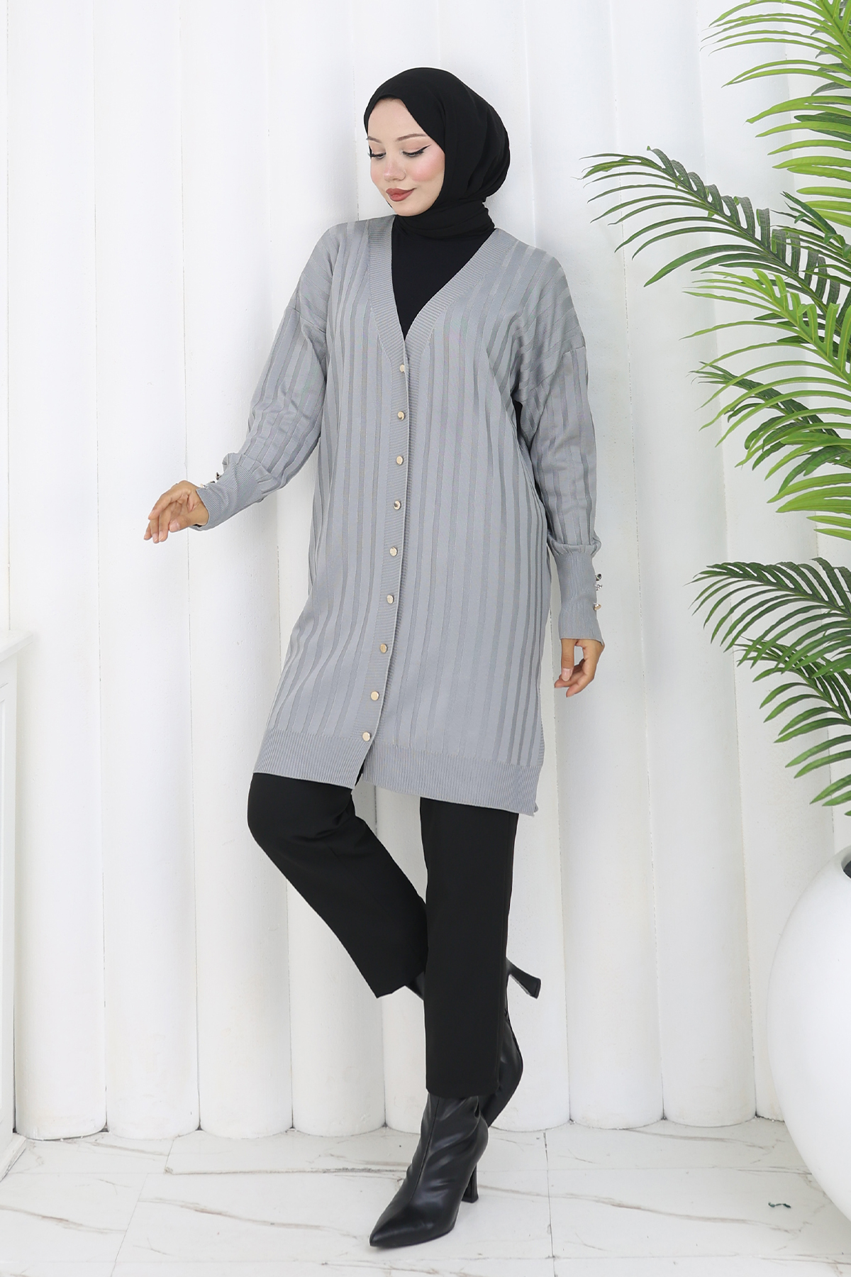 Kendinden Çizgili Uzun Merserize Hırka