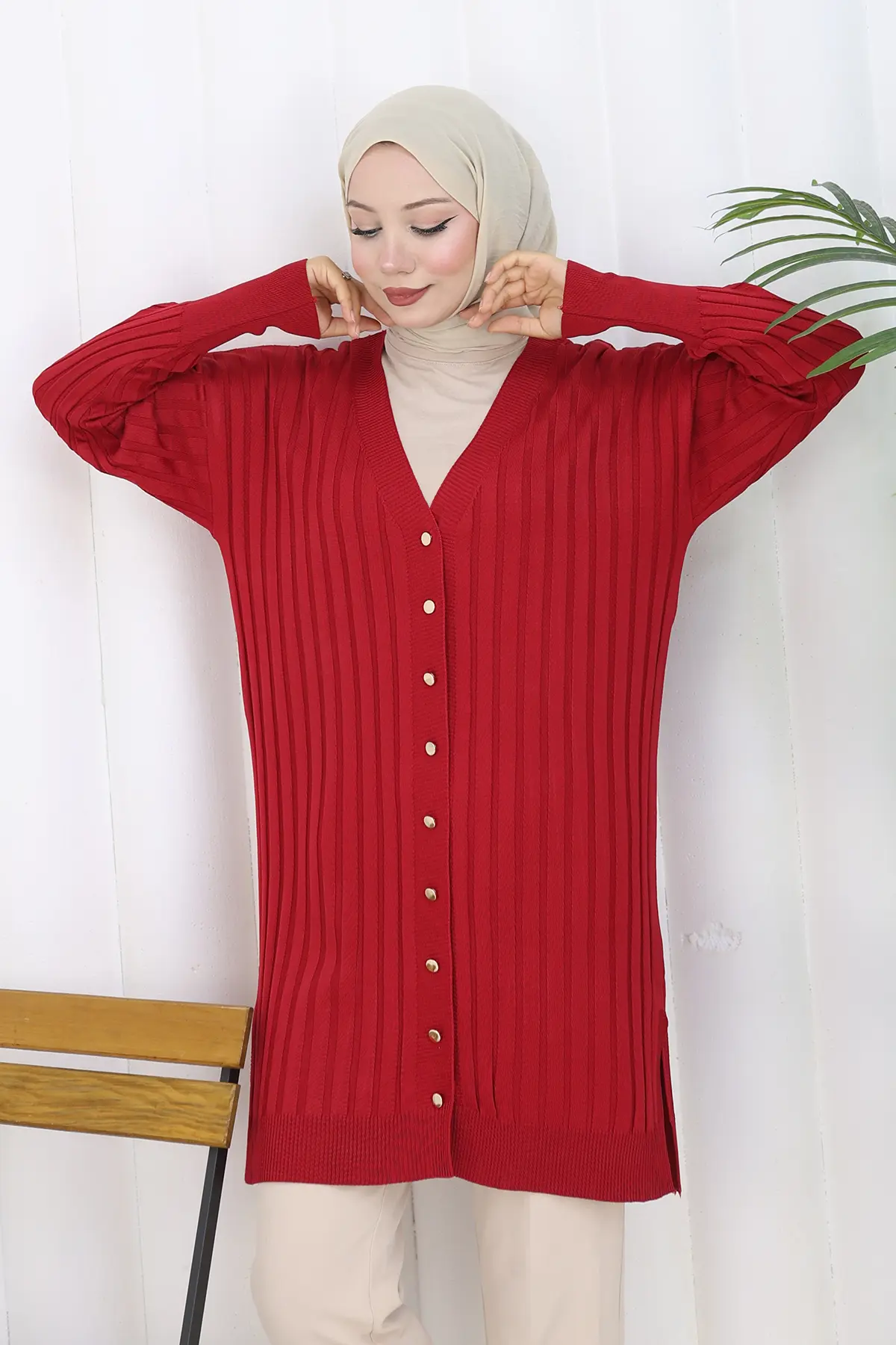 Kendinden Çizgili Uzun Merserize Hırka-detail