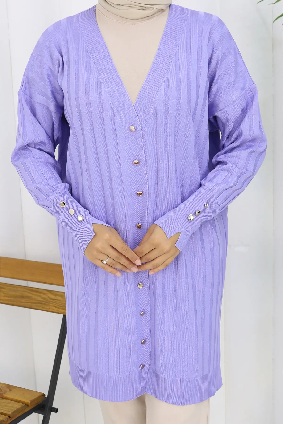 Kendinden Çizgili Uzun Merserize Hırka-detail