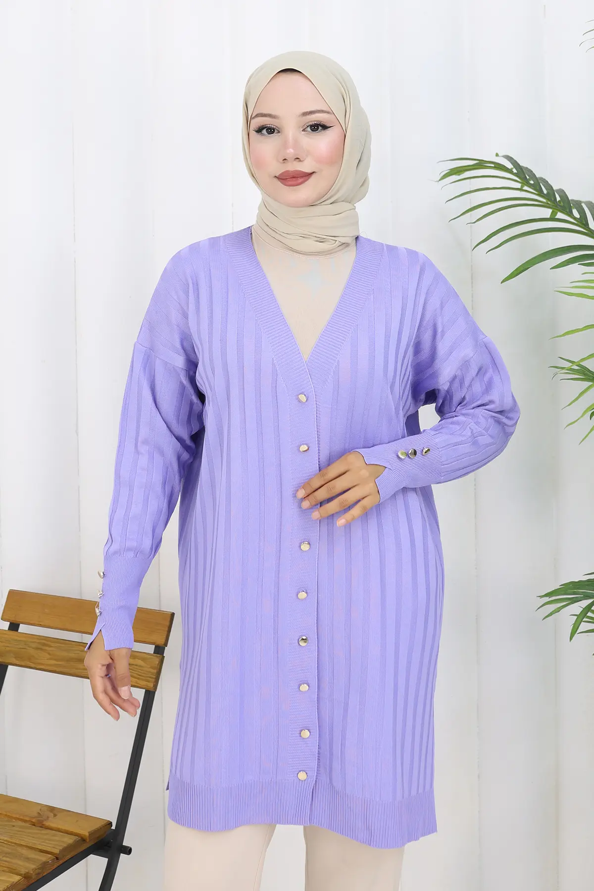 Kendinden Çizgili Uzun Merserize Hırka-detail