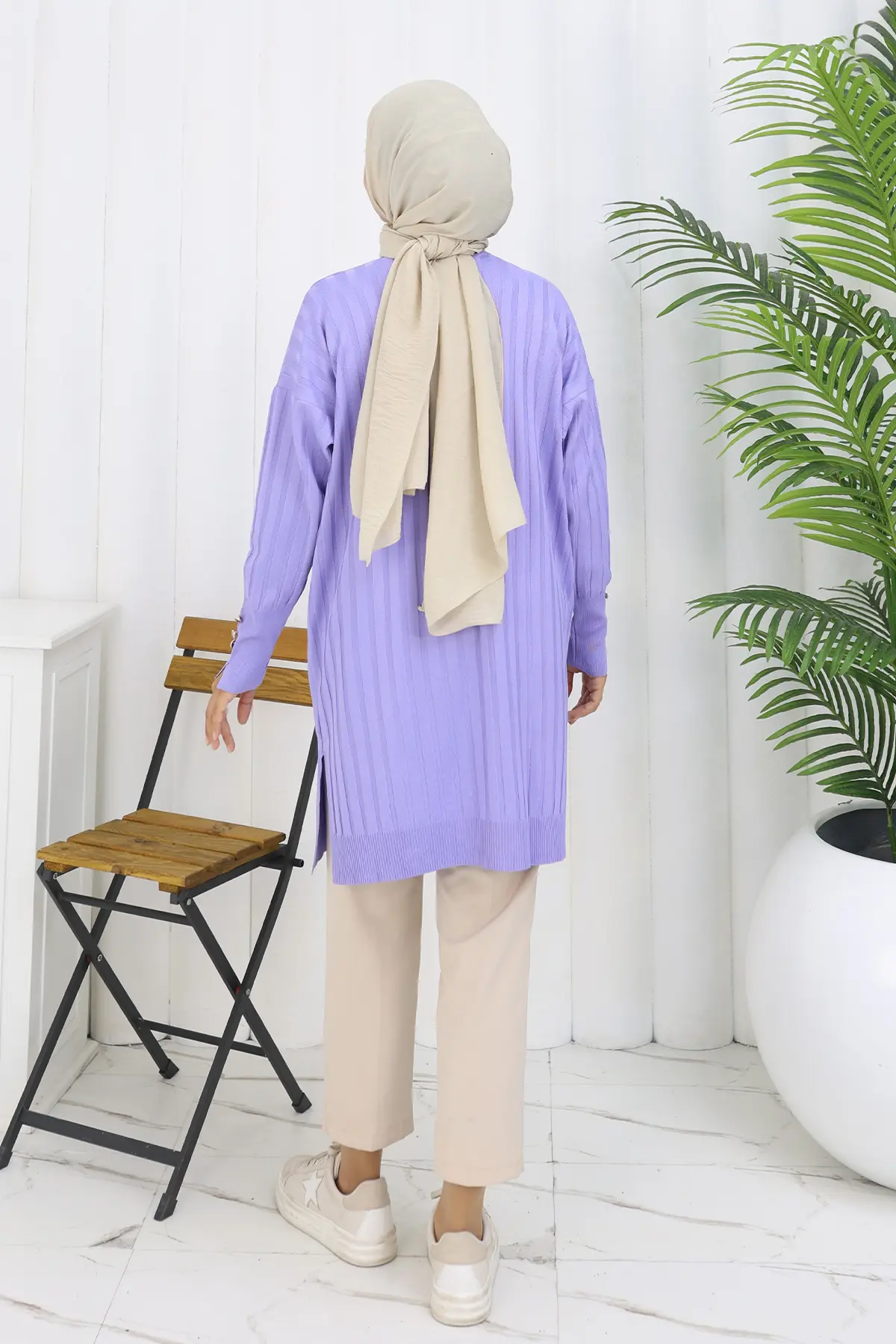 Kendinden Çizgili Uzun Merserize Hırka-detail