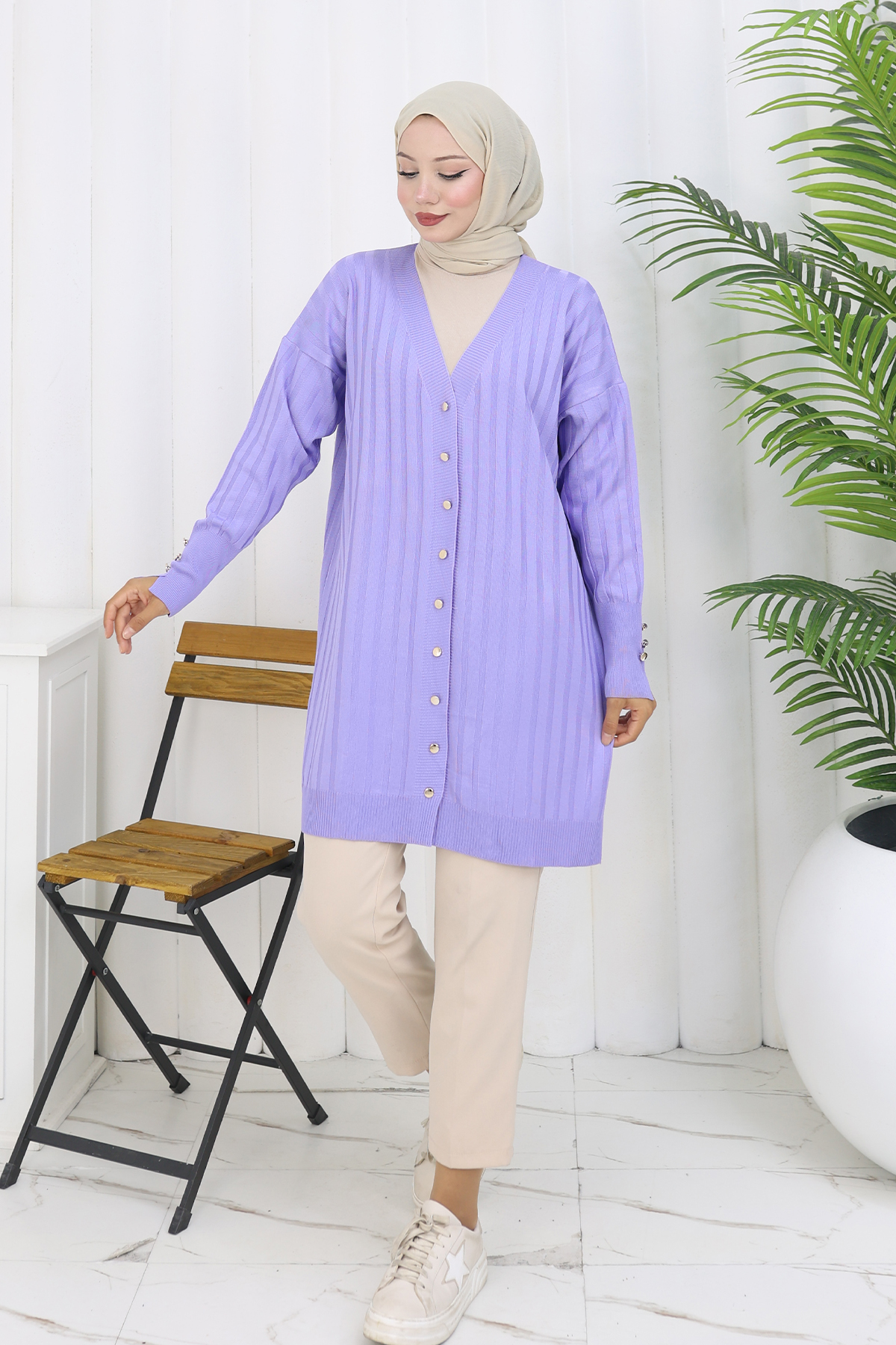 Kendinden Çizgili Uzun Merserize Hırka